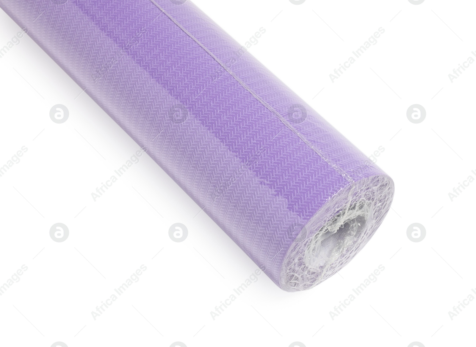 Photo of One violet wallpaper roll isolated on white