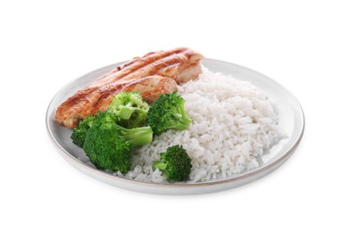 Photo of Plate with grilled chicken breast, rice and broccoli isolated on white