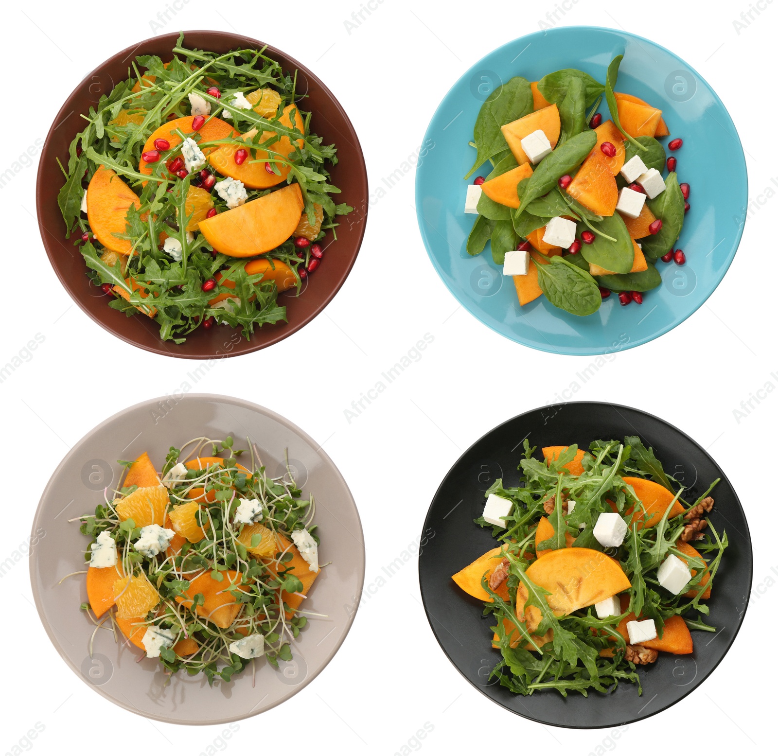 Image of Set with tasty persimmon salads on white background, top view