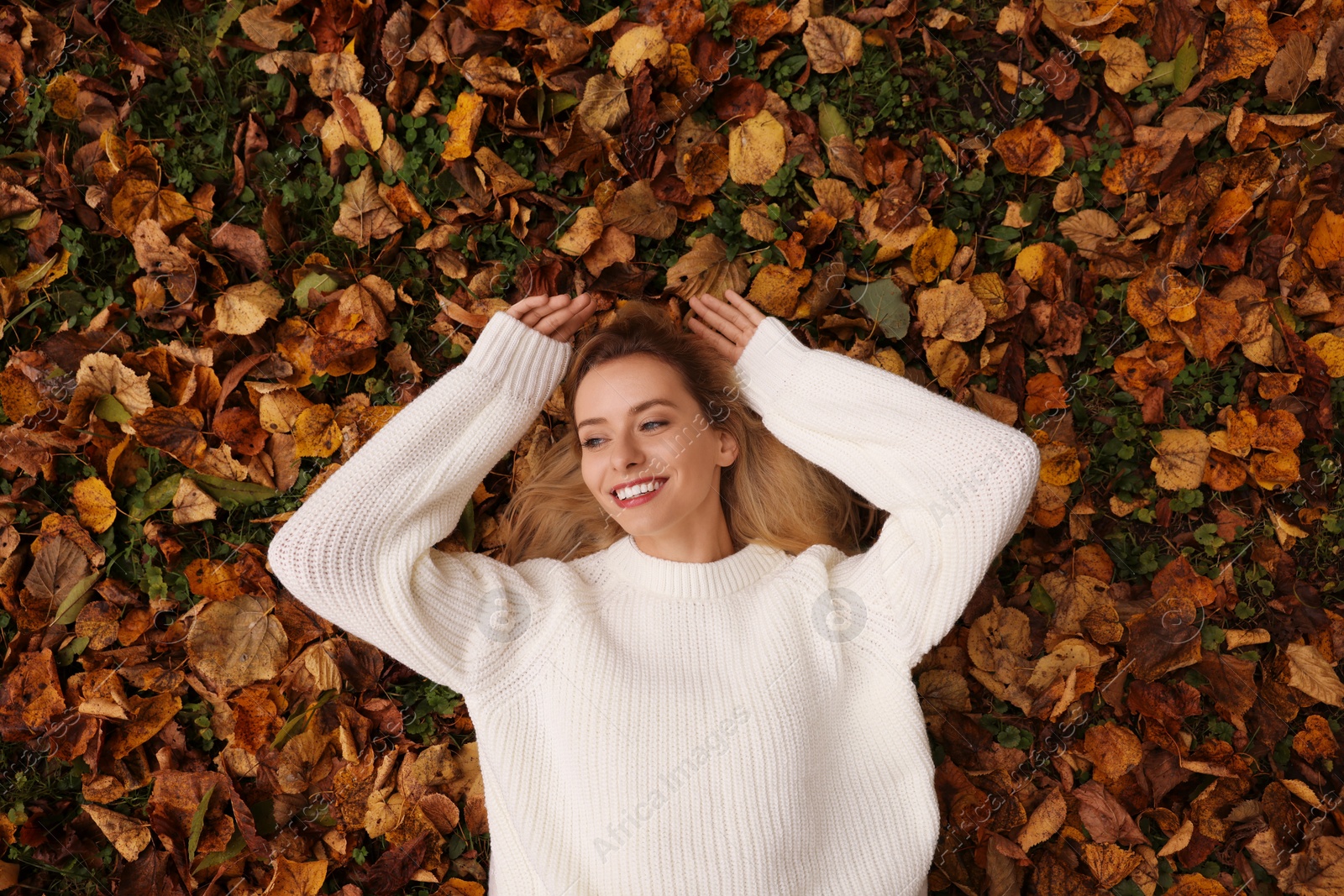 Photo of Smiling woman lying among autumn leaves outdoors, top view
