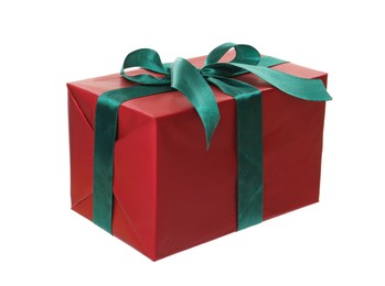 Photo of Red gift box with green bow isolated on white