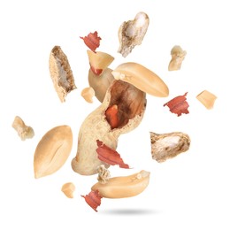 Image of Peanuts and crushed pod in air on white background