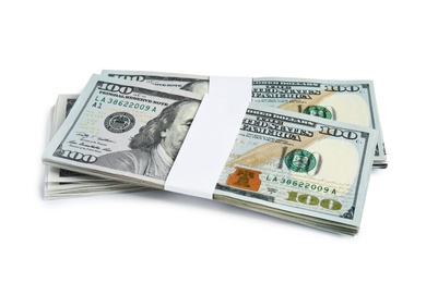 Photo of Dollar banknotes on white background. American national currency