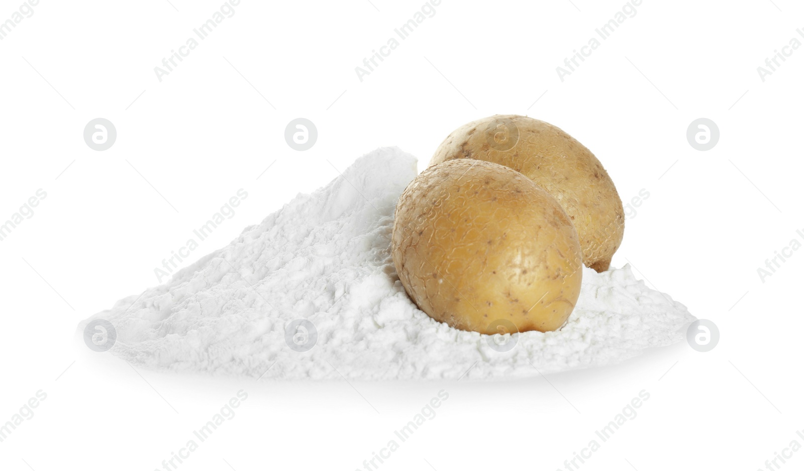 Photo of Heap of starch and fresh potatoes on white background