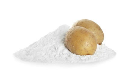 Photo of Heap of starch and fresh potatoes on white background