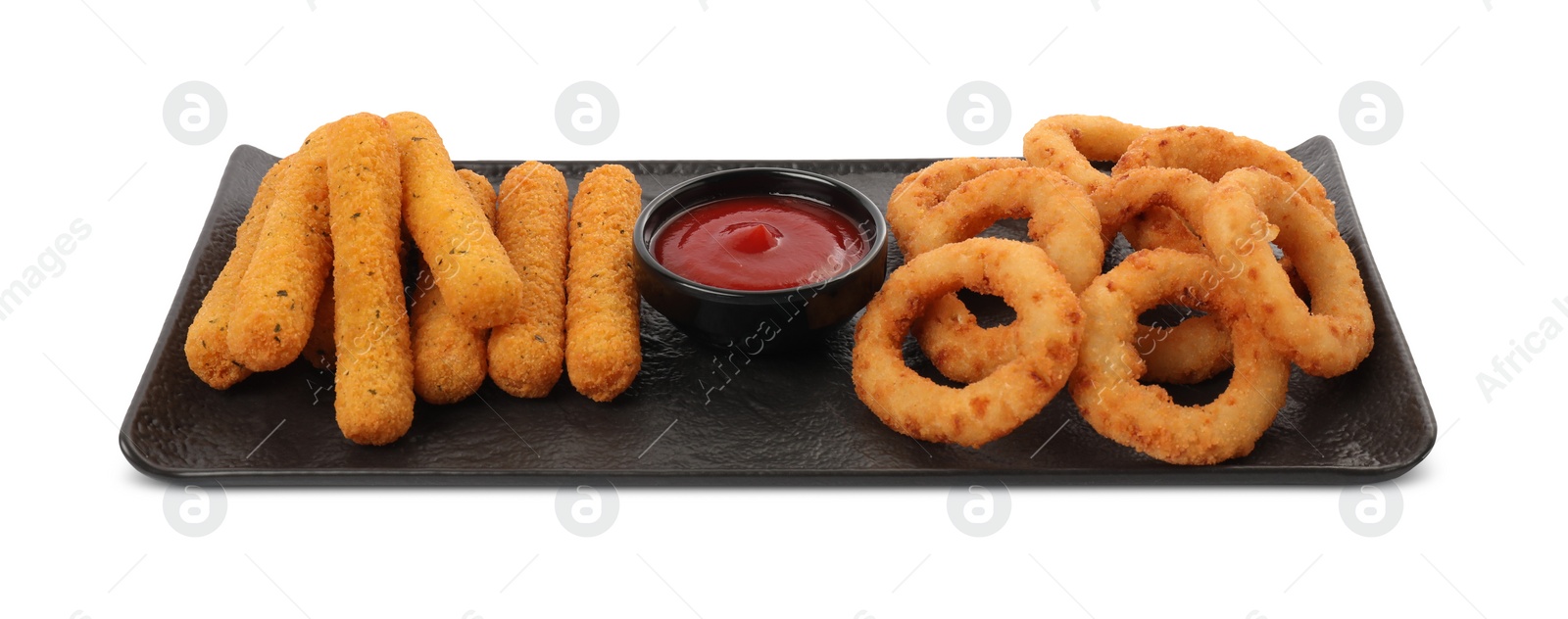 Photo of Tasty fried onion rings, cheese sticks and ketchup isolated on white