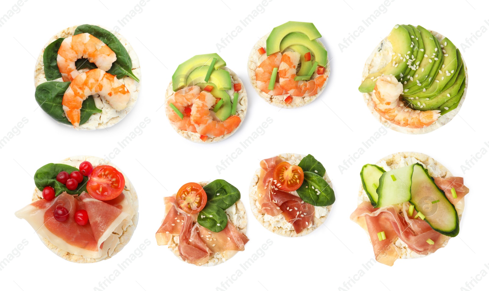 Image of Set of puffed rice cakes with different ingredients on white background, top view