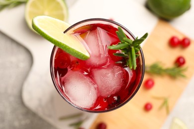 Tasty cranberry cocktail with rosemary and lime in glass on table, top view