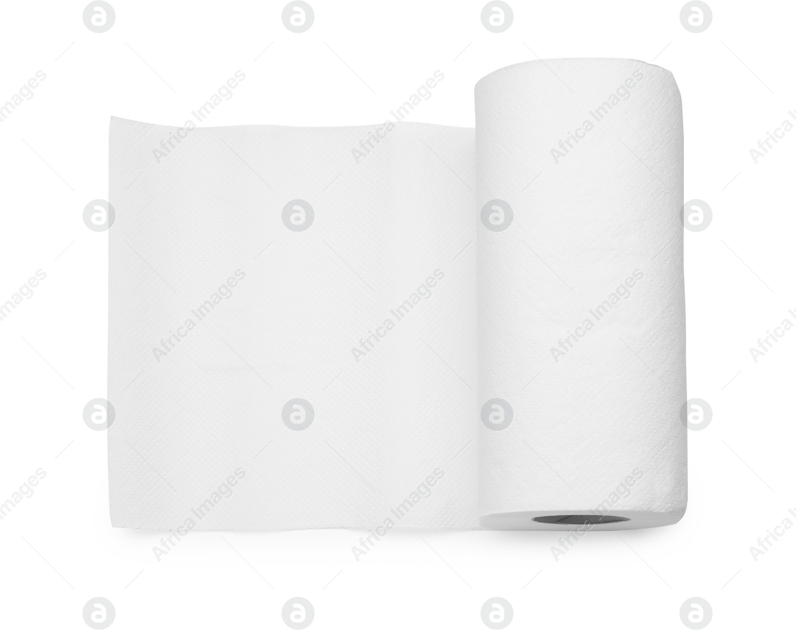 Photo of One roll of paper towels isolated on white, top view