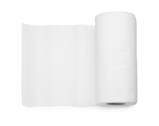 Photo of One roll of paper towels isolated on white, top view