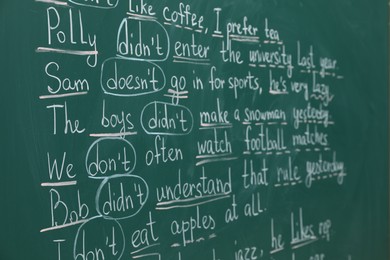 English grammar rules written with chalk on green board