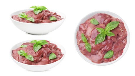 Image of Fresh chicken liver in bowl isolated on white, collection. Top and side views