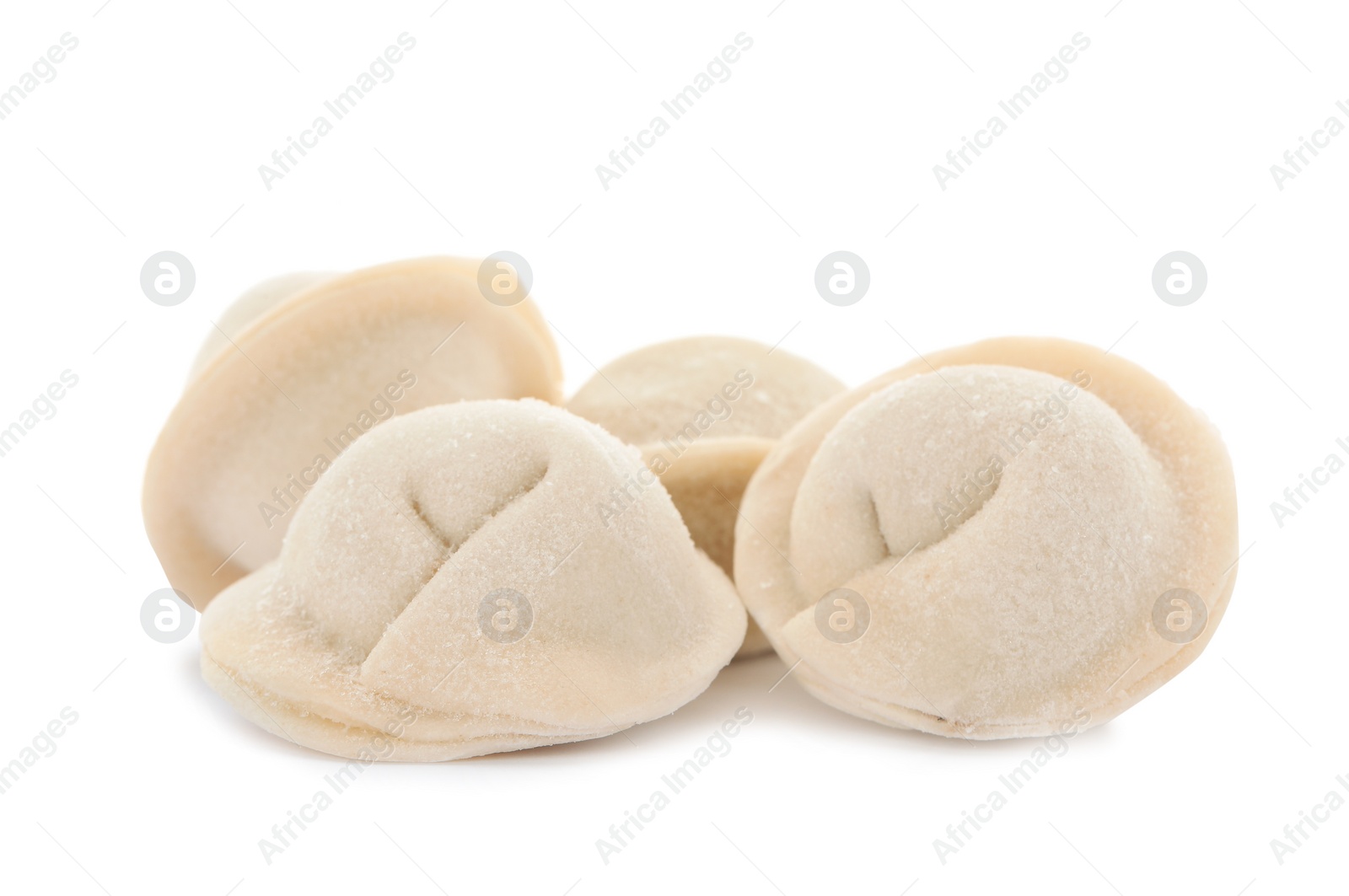 Photo of Heap of raw meat dumplings on white background