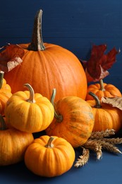 Photo of Thanksgiving day. Composition with pumpkins and leaves on blue wooden table, closeup