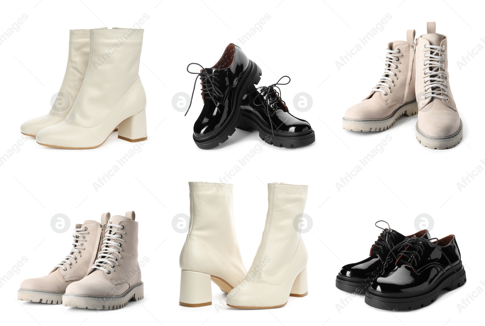 Image of Set with stylish shoes on white background 