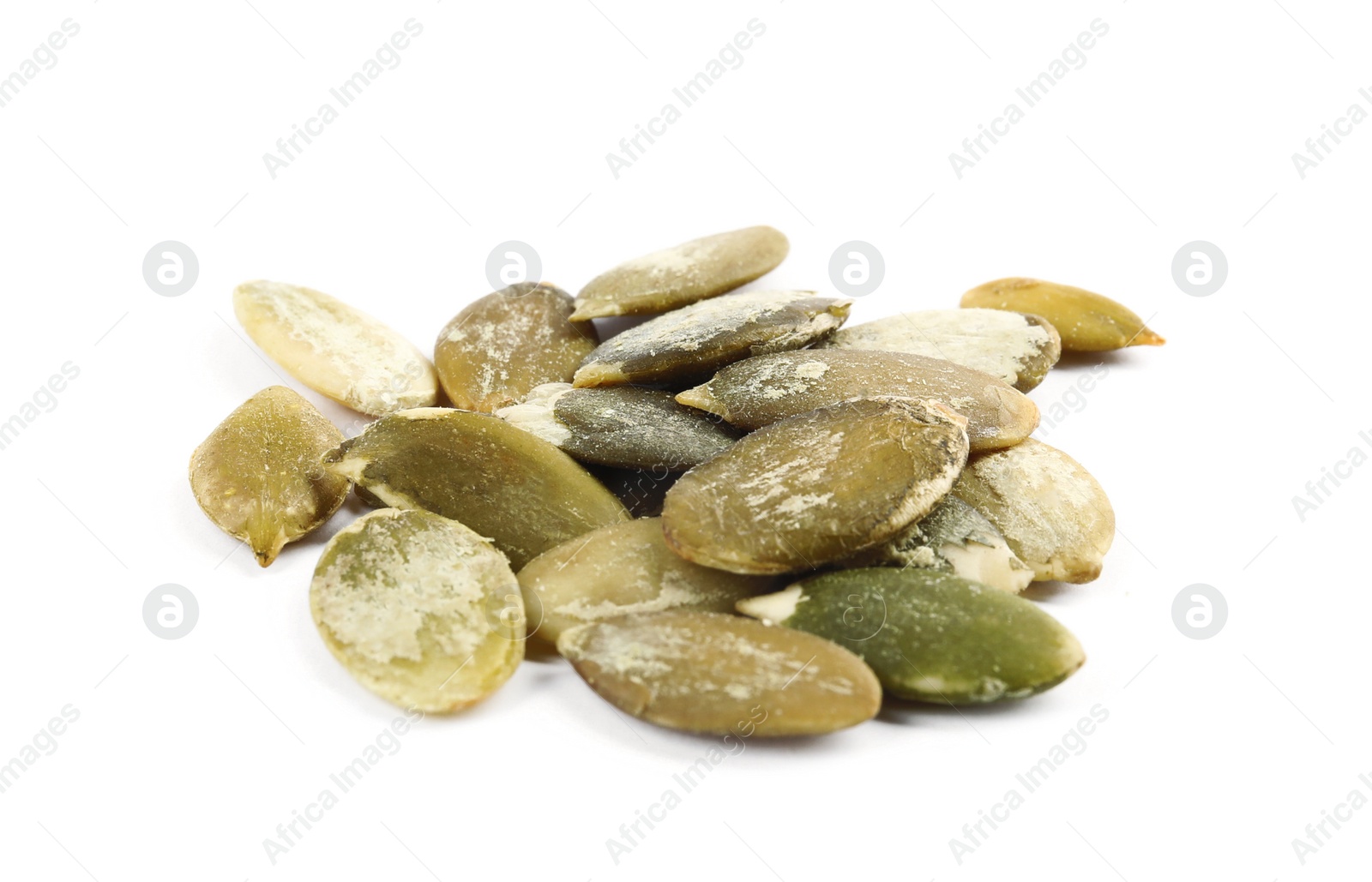 Photo of Pile of raw pumpkin seeds on white background