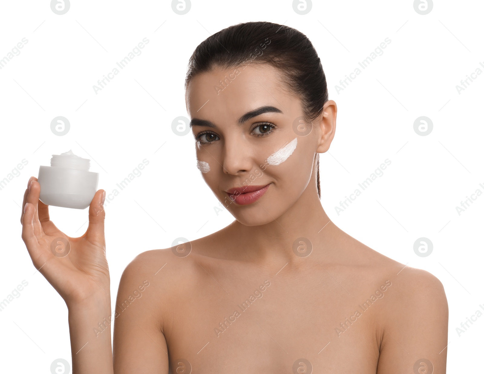 Photo of Woman holding jar of facial cream on white background