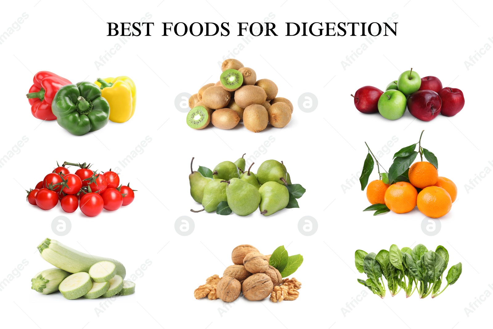 Image of Foods for healthy digestion, collage. Tangerines, bell peppers, tomatoes, kiwis, apples, pears, zucchinis, walnuts and spinach on white background