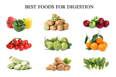 Image of Foods for healthy digestion, collage. Tangerines, bell peppers, tomatoes, kiwis, apples, pears, zucchinis, walnuts and spinach on white background