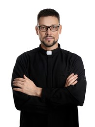 Priest wearing cassock with clerical collar on white background