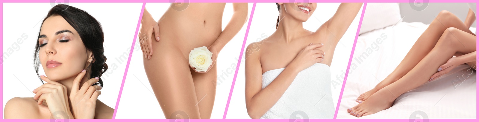 Image of Collage with photos of woman showing smooth skin after epilation. Banner design