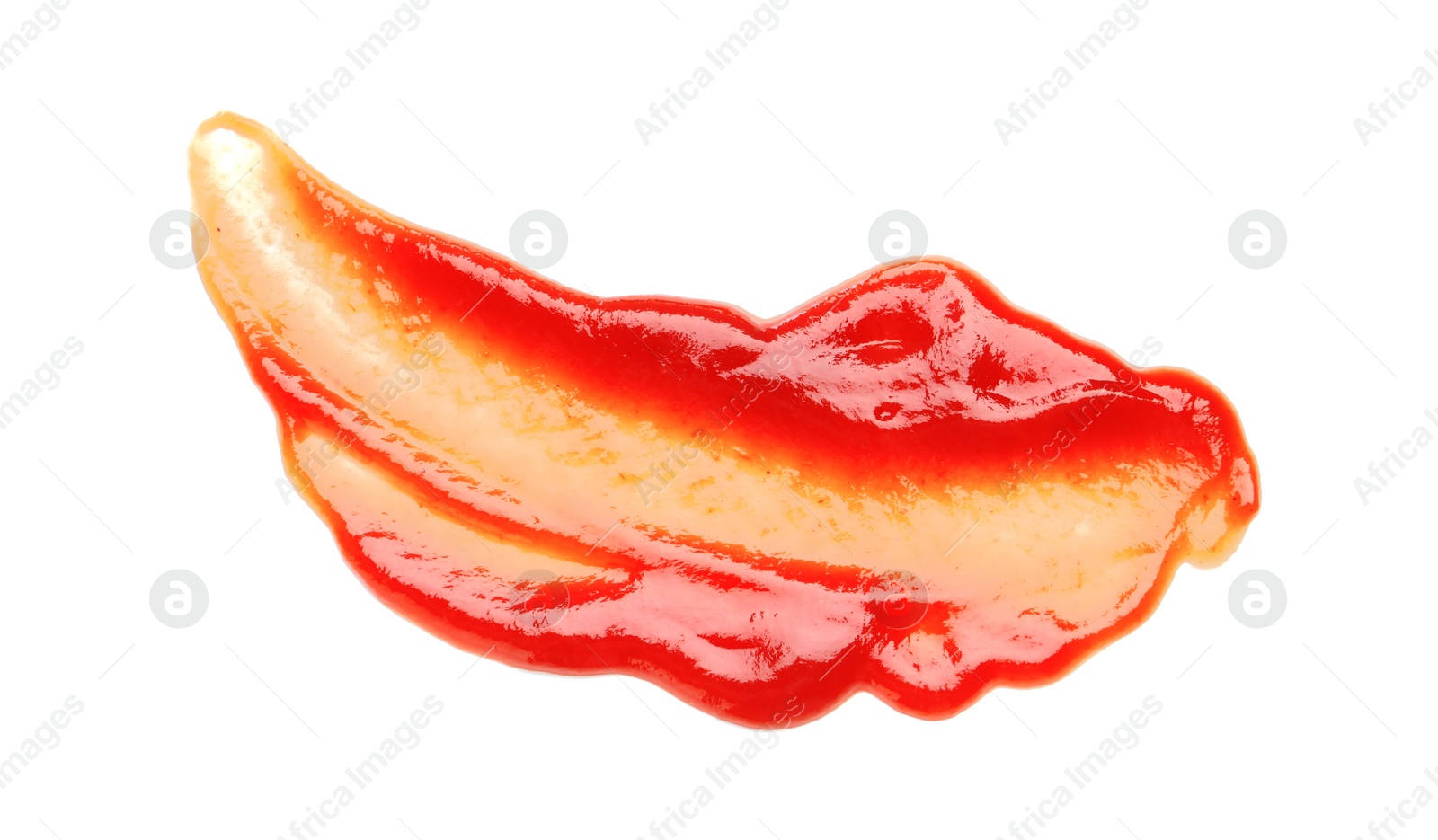 Photo of Tasty ketchup isolated on white, top view. Tomato sauce