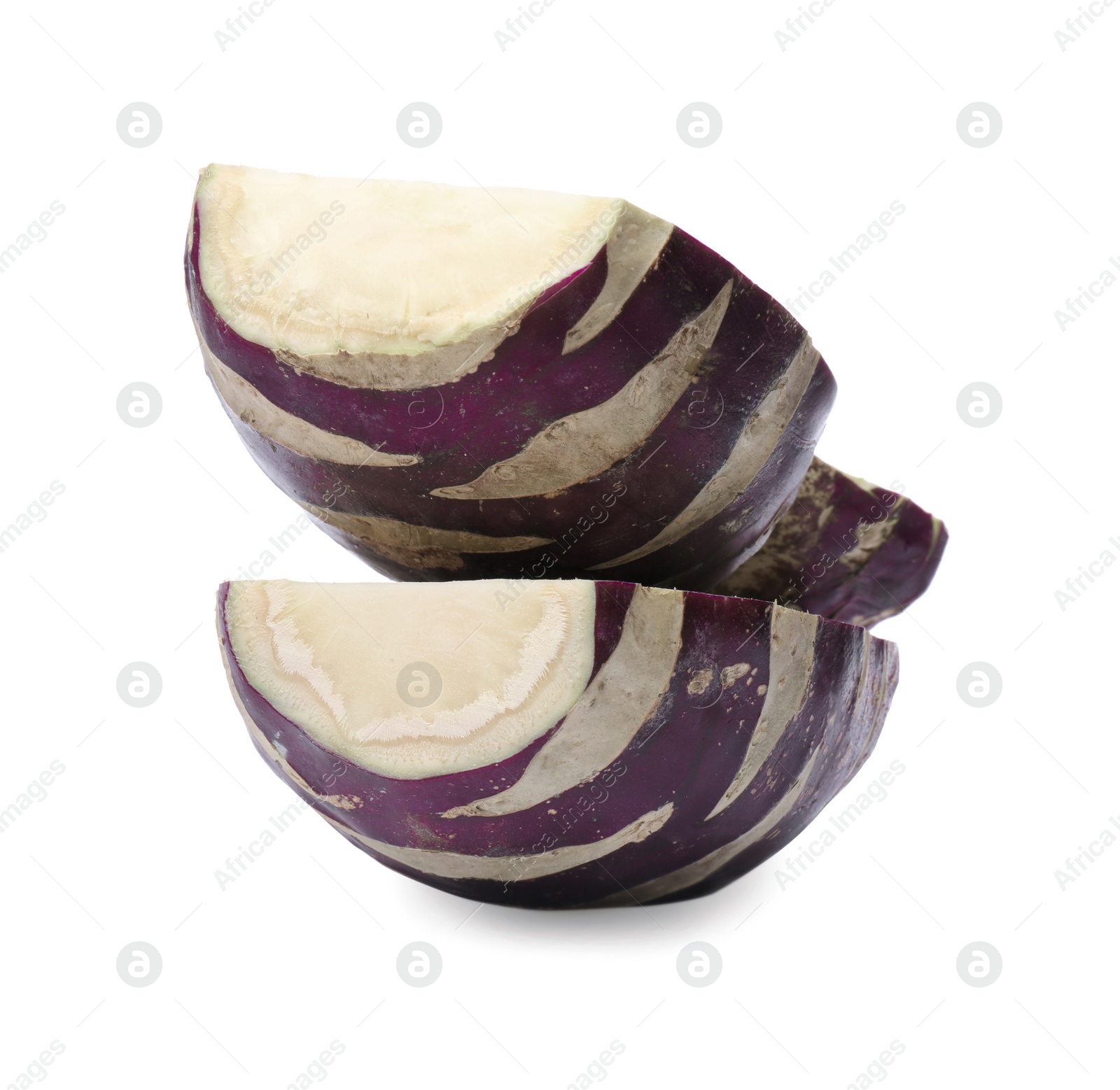 Photo of Pieces of tasty Kohlrabi cabbage on white background