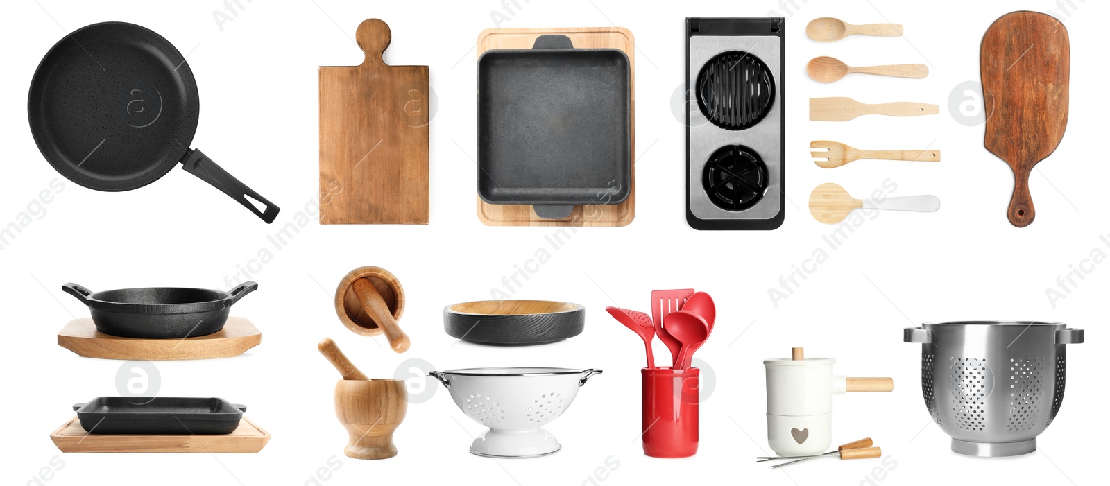 Image of Set with different cooking utensils on white background, banner design 