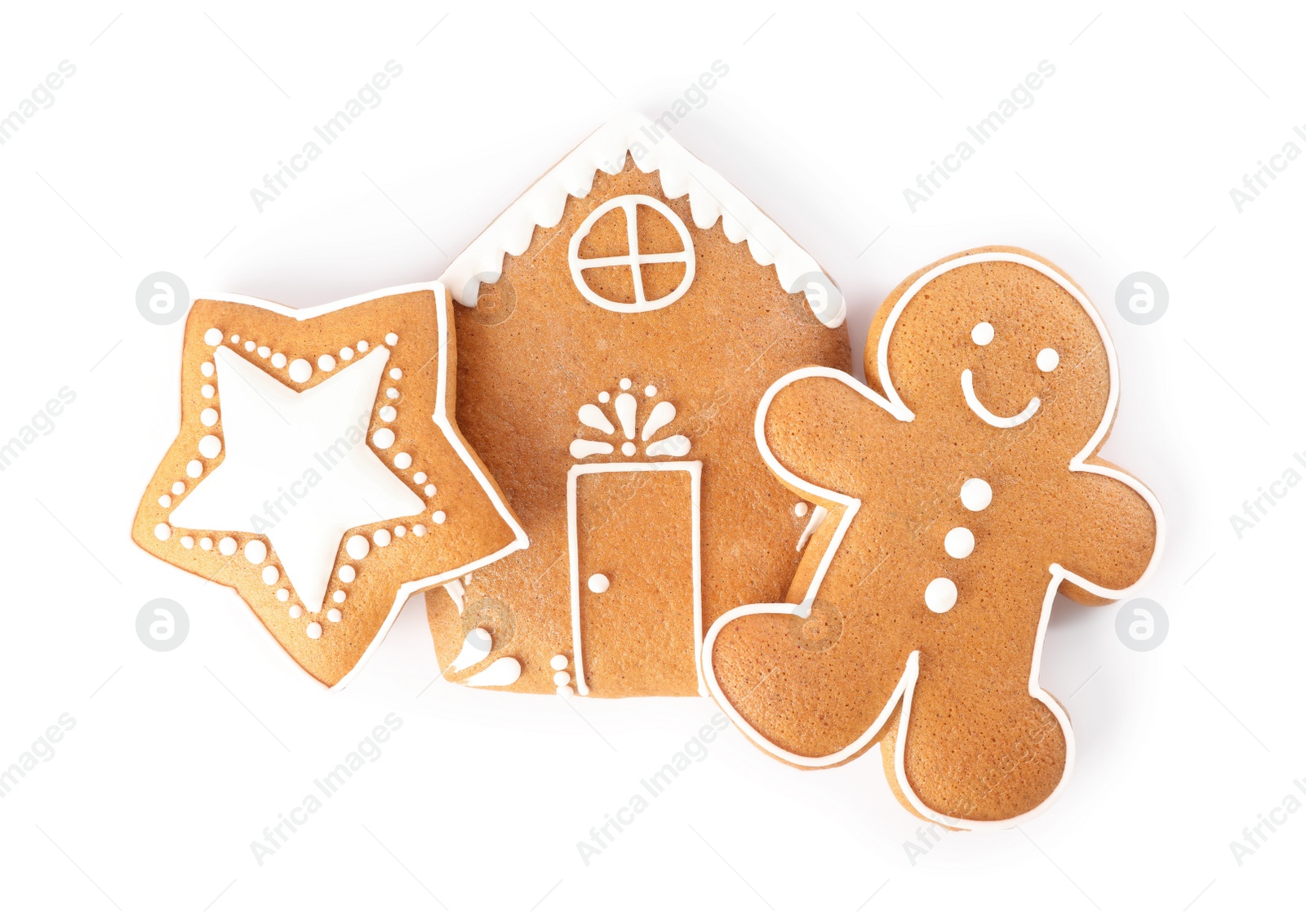 Photo of Different delicious Christmas cookies on white background, top view