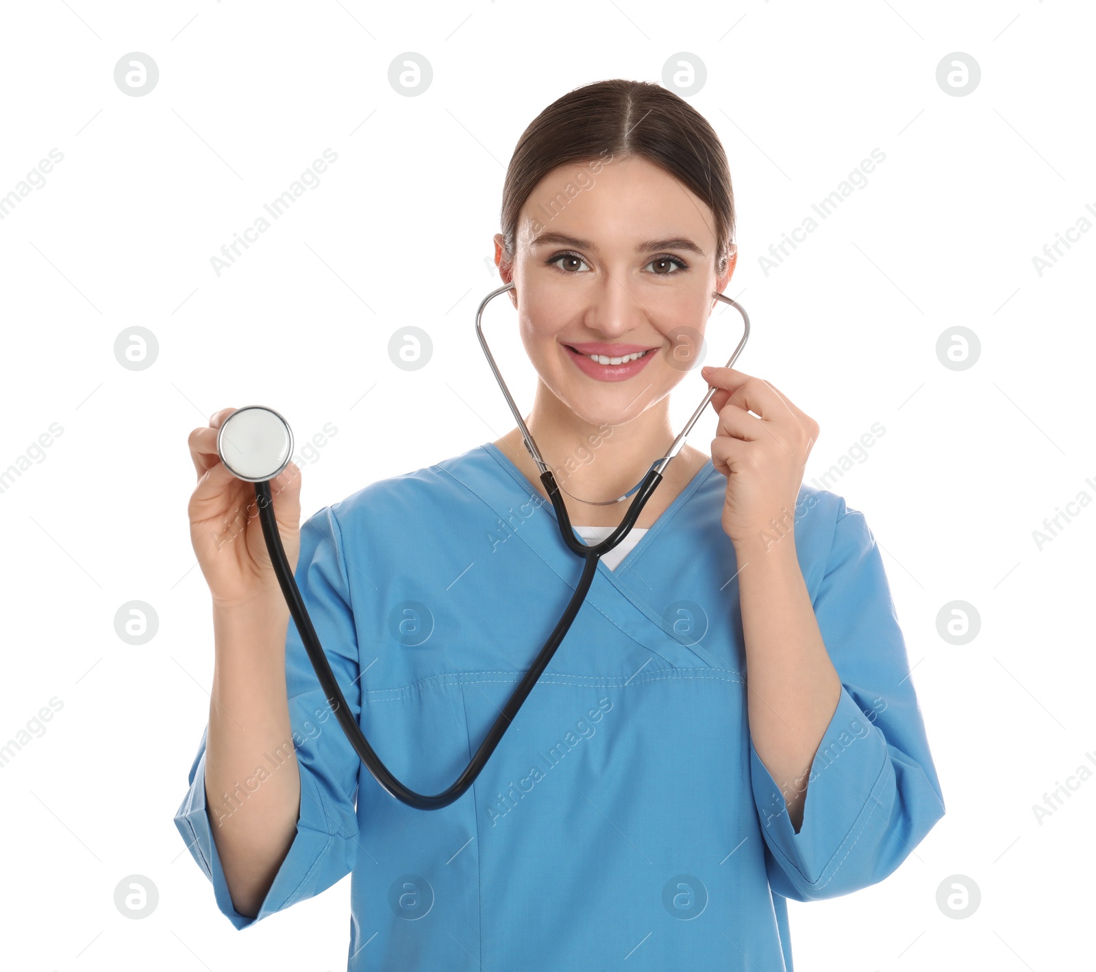 Photo of Portrait of doctor with stethoscope on white background