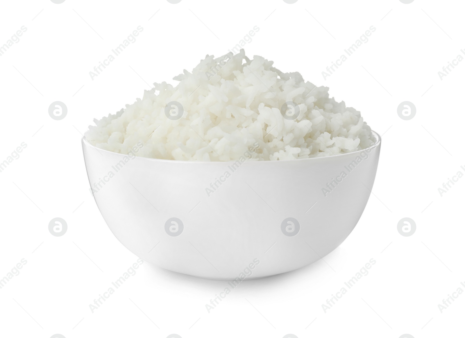 Photo of Bowl of boiled rice on white background