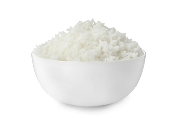 Photo of Bowl of boiled rice on white background