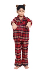 Girl in pajamas and sleep mask sleepwalking on white background