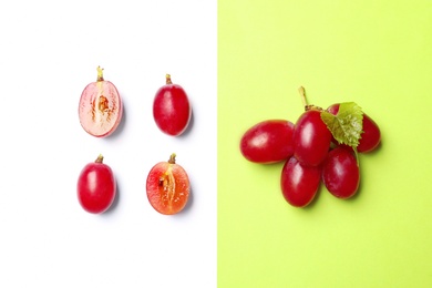 Fresh ripe juicy grapes on color background, top view