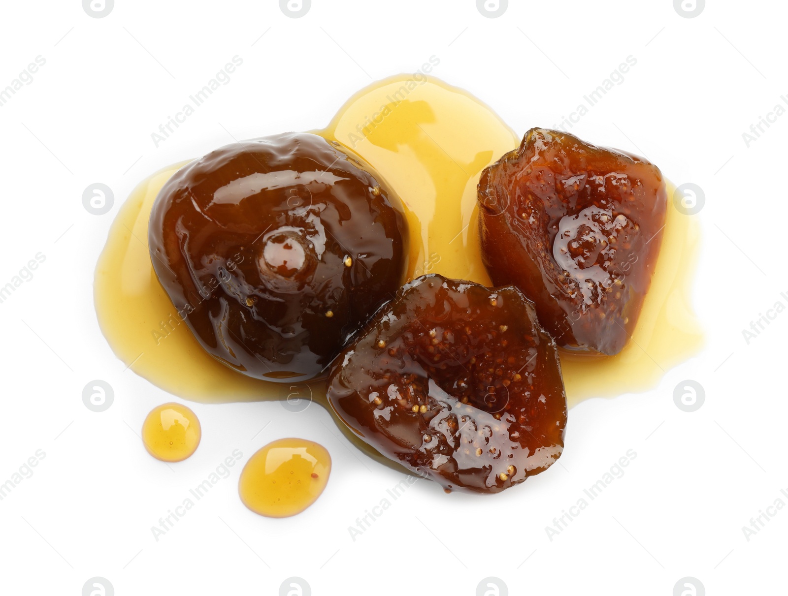 Photo of Tasty sweet fig jam isolated on white