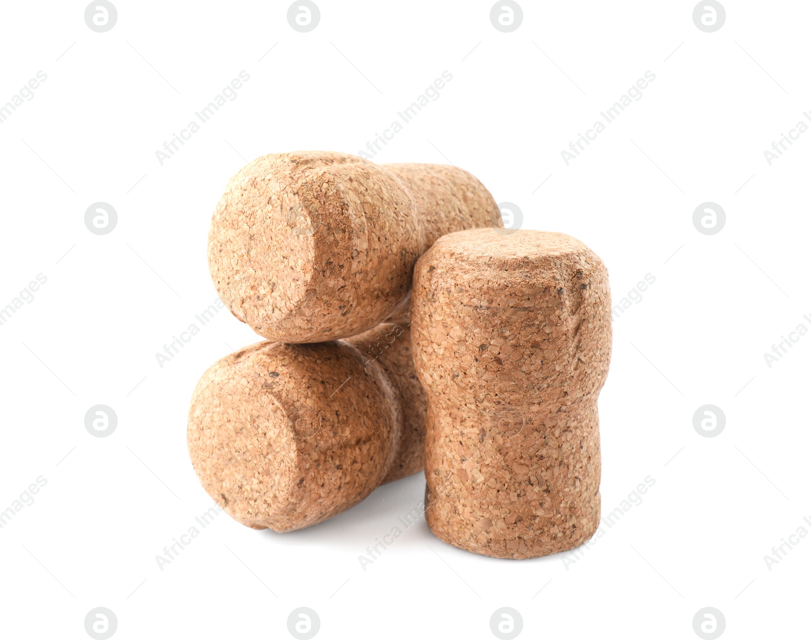 Photo of Many sparkling wine corks on white background