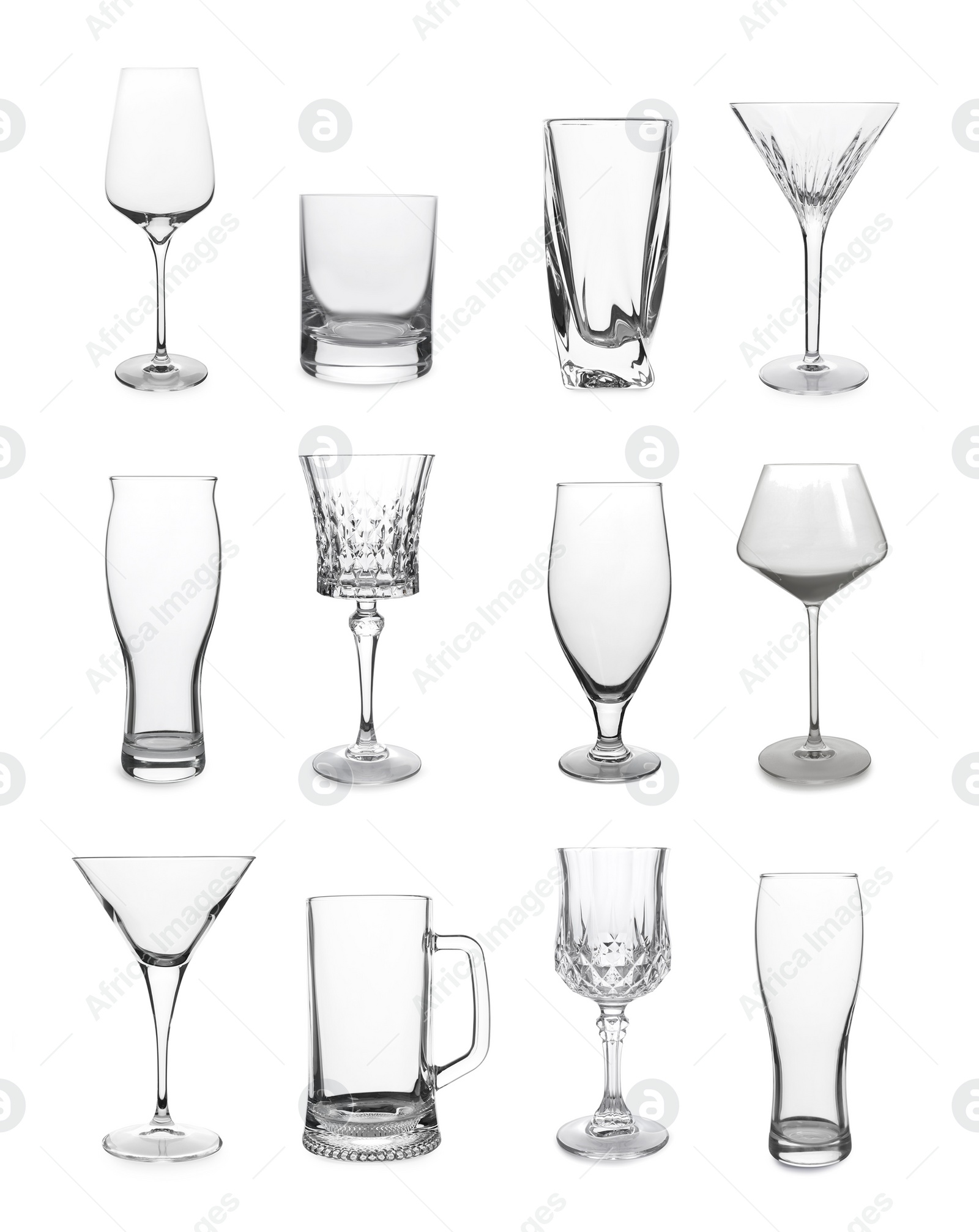 Image of Collage with different empty glasses on white background