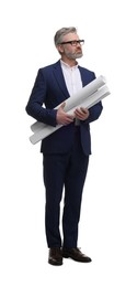 Photo of Architect in glasses holding drafts on white background