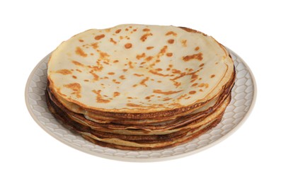 Photo of Stack of delicious crepes on plate against white background