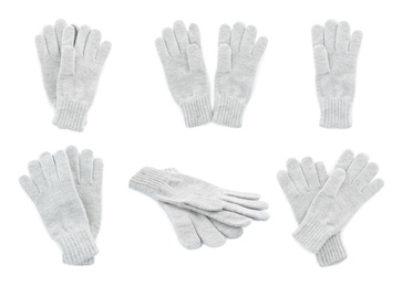 Image of Set of light grey woolen gloves on white background