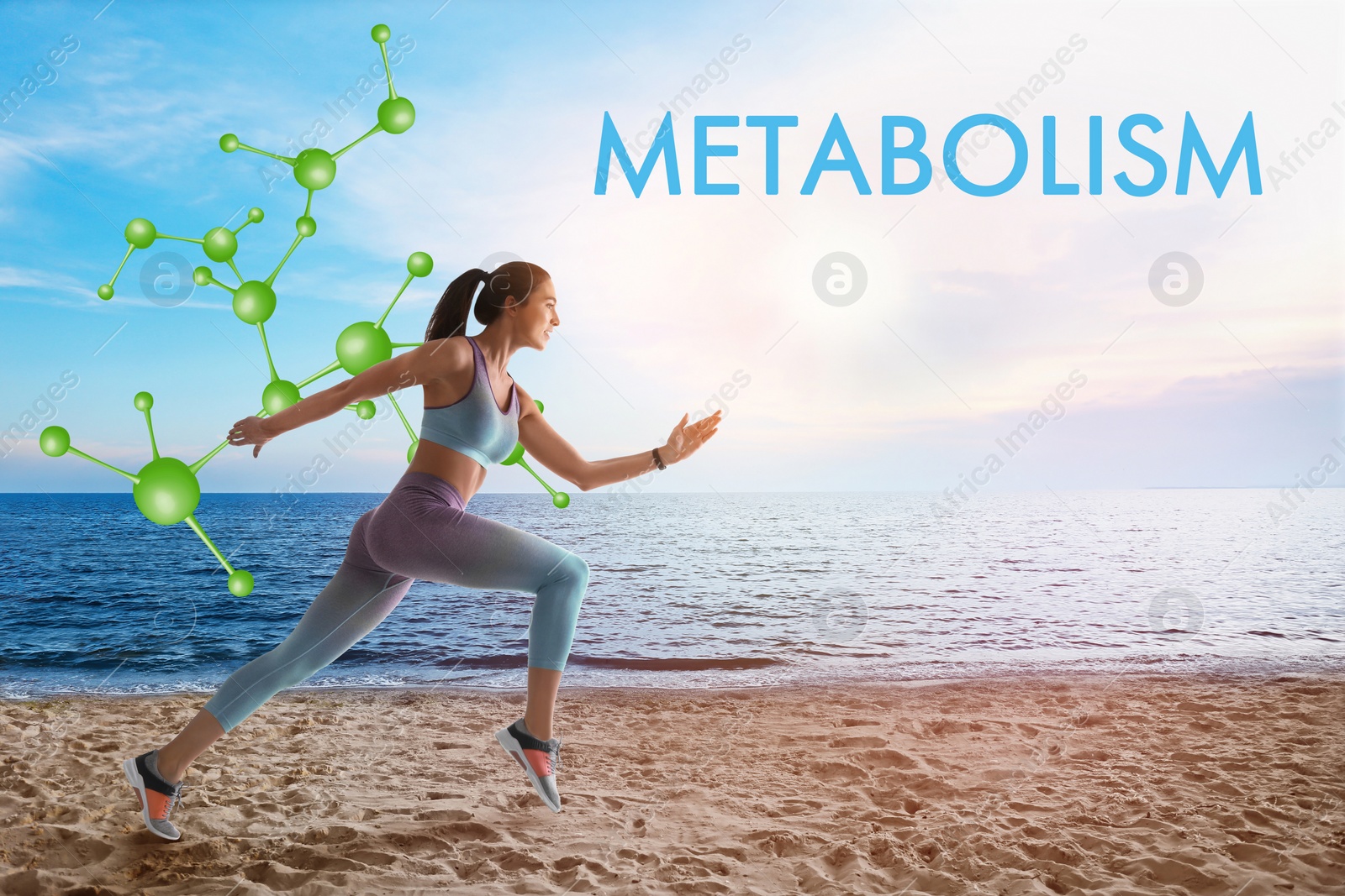 Image of Metabolism concept. Molecular chain illustration and athletic young woman running near sea on sunny day
