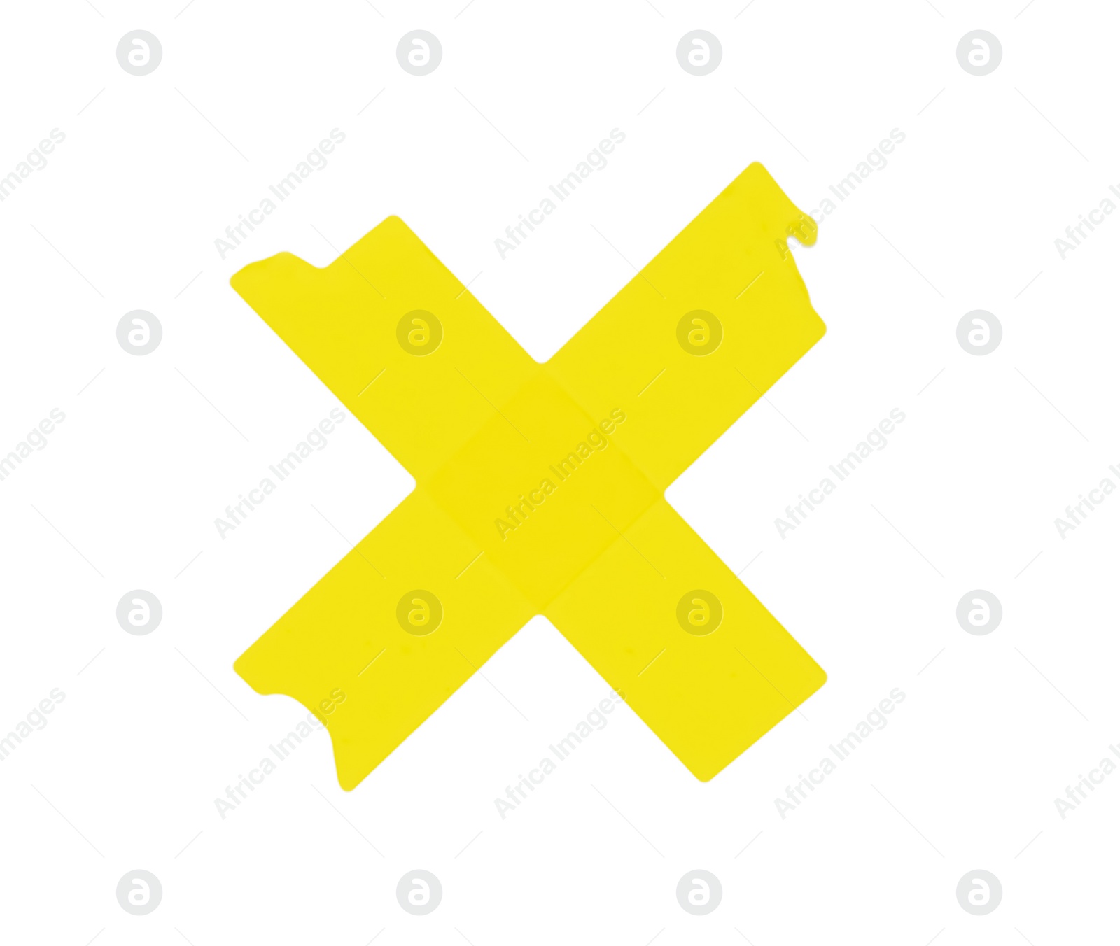 Photo of Crossed pieces of yellow adhesive tape on white background, top view