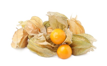 Many ripe physalis fruits with calyxes isolated on white