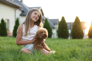 Beautiful girl with cute Maltipoo dog on green lawn in backyard