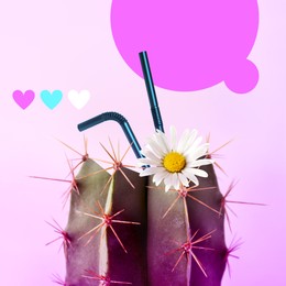 Image of Cocktail served in cactus with flower and straws on color background