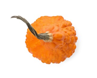 Photo of One fresh orange pumpkin isolated on white, top view