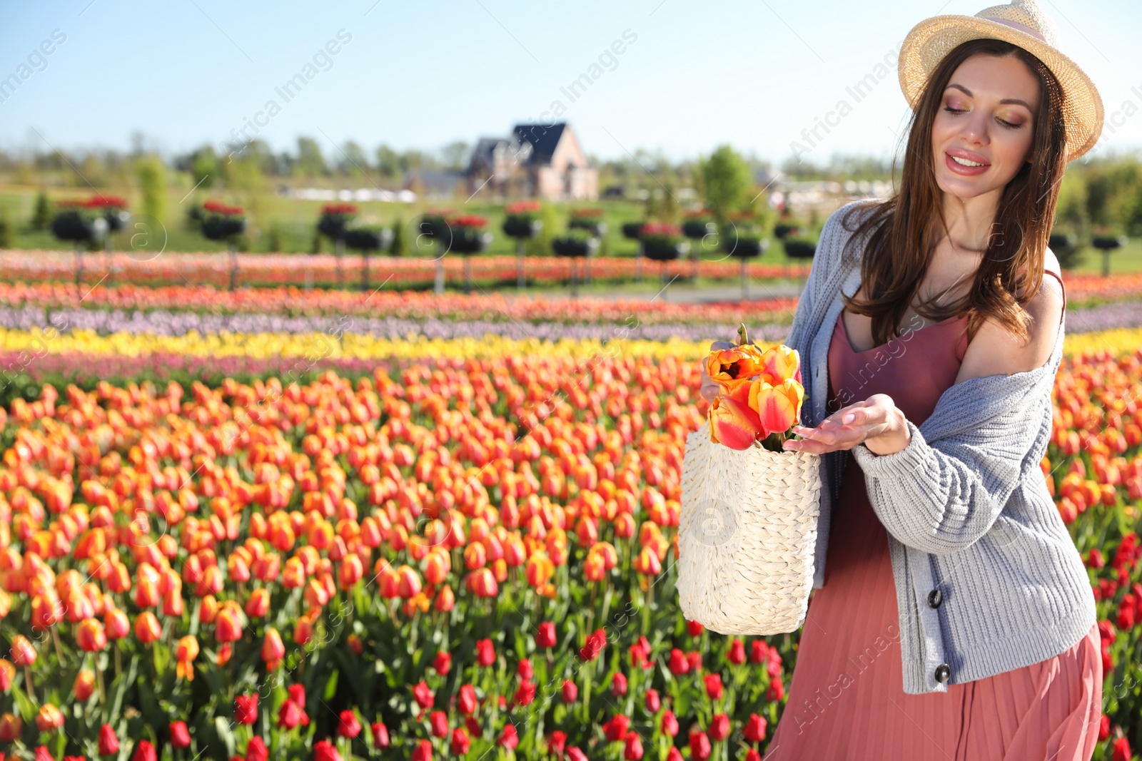 Photo of Woman in beautiful tulip field on sunny day