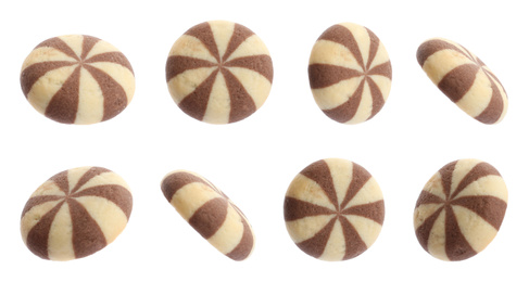 Set of delicious striped cookies on white background