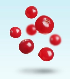 Image of Delicious ripe cranberries falling on pale light blue background
