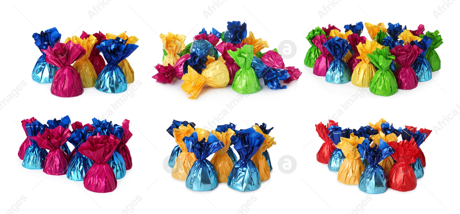 Image of Set with tasty candies in colorful wrappers on white background. Banner design